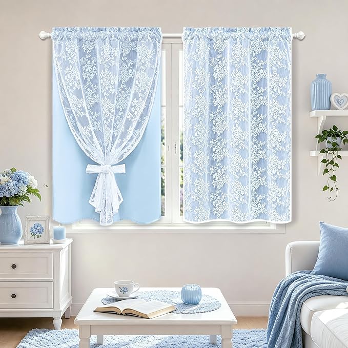 Yinhua Blue Kitchen Curtains 36 Inch Length Double Layer Blackout Cafe Curtains with Floral Sheer Overlay Rod Pocket Short Curtain for Windows, Small Window Curtain for Bathroom, Living Room, 2 Panels