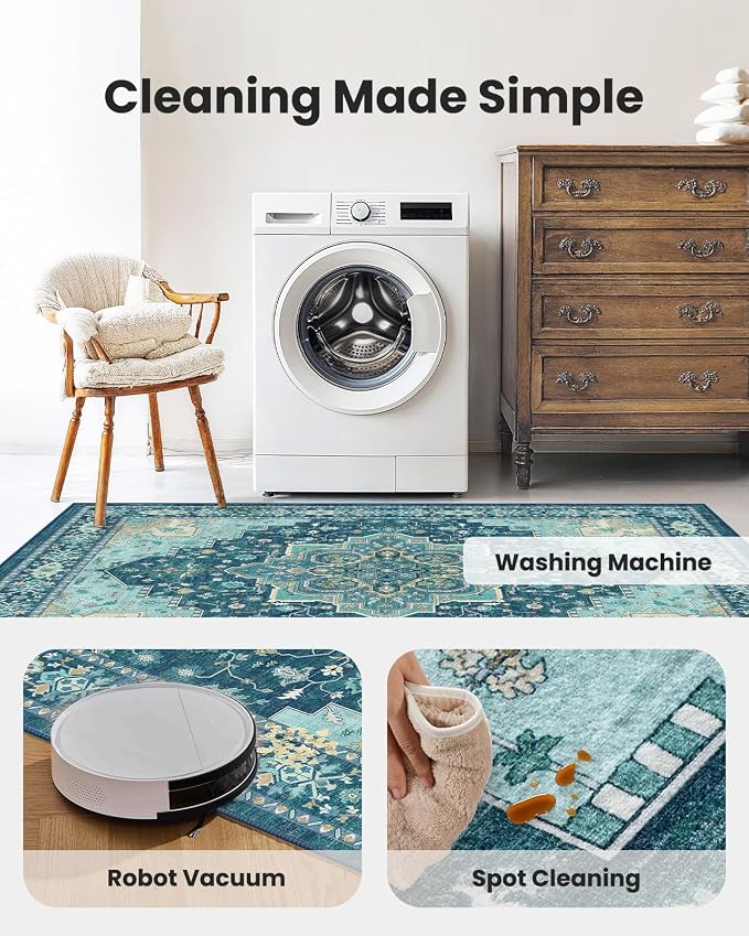 AMADA HOMEFURNISHING 9x12 Area Rug for Living Room, Vintage Washable Area Rug Low-Pile & Non-Slip Carpet for Bedroom Dining Room Nursery Home Office, Teal Blue