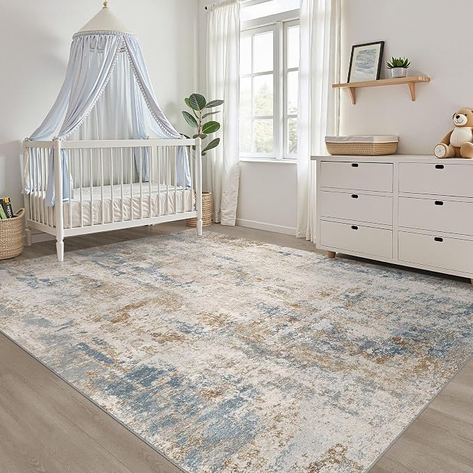 7x9 Area Rug Living Room: Washable Large Neutral Rug Abstract Soft Modern Stain Resistant Indoor Floor Non-Slip Carpet for Bedroom Nursery Kids Office Playroom Dining Room Under Table- Blue Brown