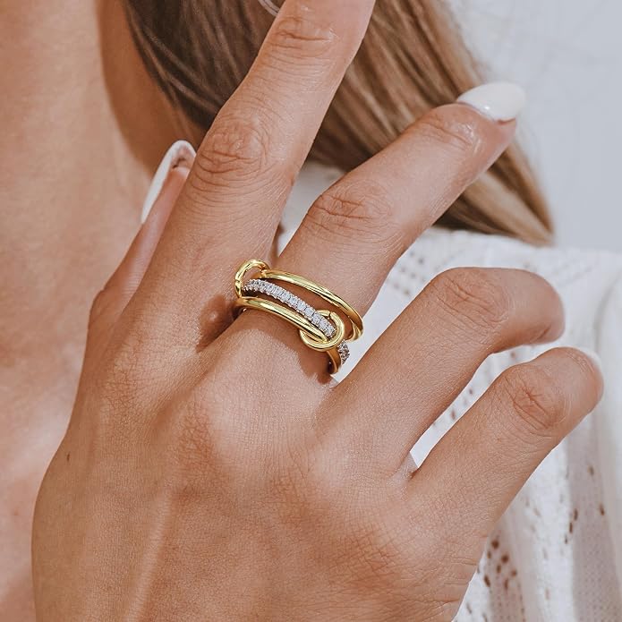AllenCOCO 14K Gold Plated Stackable Rings, 3 Ring Set with CZ Cubic Zirconia, Gold & Silver Stacked, Interlocking Band for Women Statement