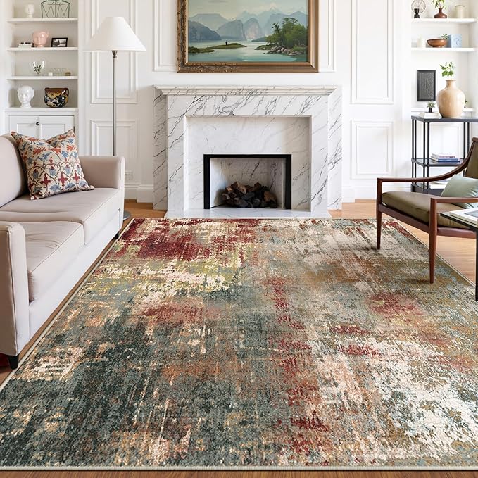 RELEANY Washable Area Rugs 9'x12' Non-Slip Modern Abstract Soft for Living Room Entryway Bedroom Kitchen, Print Pattern, Brown Rust Red Green Blue Multi