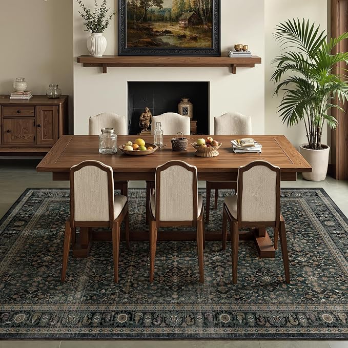 Dark Teal Washable 8x10 Area Rugs for Bedroom, Vintage Floral Trellis Colorful Accents Living Room Rug, Ultra Thin Non Slip Carpet Rug for Dining Room Under Table/Home Office/Guest Room