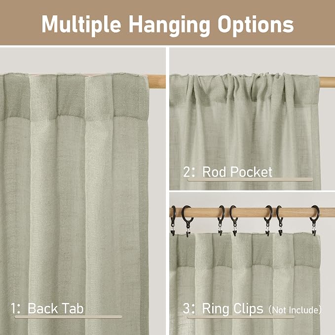 LAMIT Sage Grey Linen Curtains 48 Inch Length 2 Panels, Light Filtering Panels Back Tab and Rod Pocket Neutral Drapes for Kitchen/Window/Loft Room/Bedroom, 34 x 48 Inch