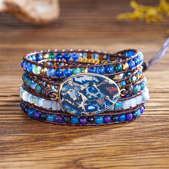 Plumiss Women Boho Handmade Natural Stone Crystal Leather Bead Wrap Bracelets Collection