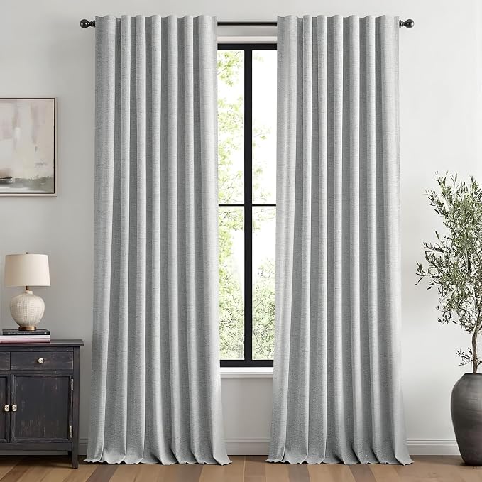 MIULEE 100% Blackout Linen Curtains for Bedroom 42 x 96 Inch Grey 2 Panels | Thermal Insulated, Room Darkening Drapes for Living Room, Back Tab Rod Pocket Pinch Pleated, Solid Luxury Decor