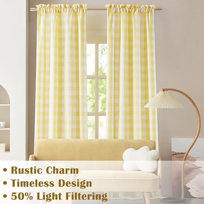 72 Inch Yellow White Buffalo Plaid Semi Sheer Curtains | Cottage Drapes for Bedroom Living Room,Yarn Dyed Fabric,Farmhouse Window Treatment,Rod Pocket,40"Wx72"L(Pack of 2)