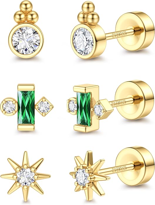 ORAZIO 925 Sterling Silver Flat Back Stud Earrings for Women Hypoallergenic 14K Gold Plated Cartilage Earrings for Sensitive Ears Small CZ Opal Conch Helix Tragus Piercing Jewelry 3 Pairs 20G