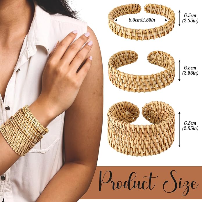 Landical 3 Pcs Handwoven Wooden Braided Rattan Knit Cuff Bracelet Adjustable Bohemian Chunky Wrap Bangle for Women Summer Ethnic Tribal Wrist Jewelry