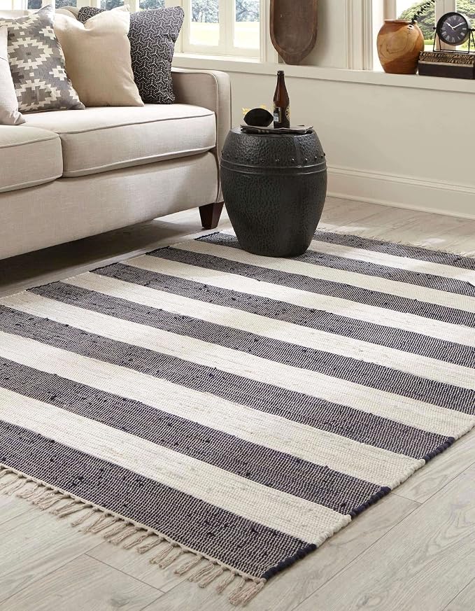 Unique Loom Chindi Rag Collection Area Rug - Striped (7' 10" x 11' Rectangle, Navy Blue/ Ivory)