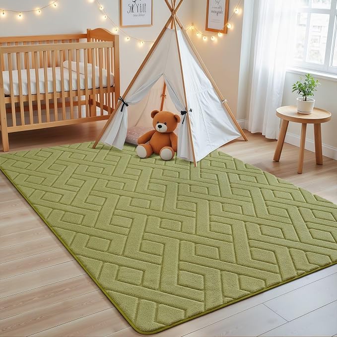 Macgace Ultra Soft Green Area Rug for Bedroom, 3x5 Modern Geometric Shag Rugs with Nonslip Backing for Living Room, Washable Fuzzy Carpet for Cozy Kids Room