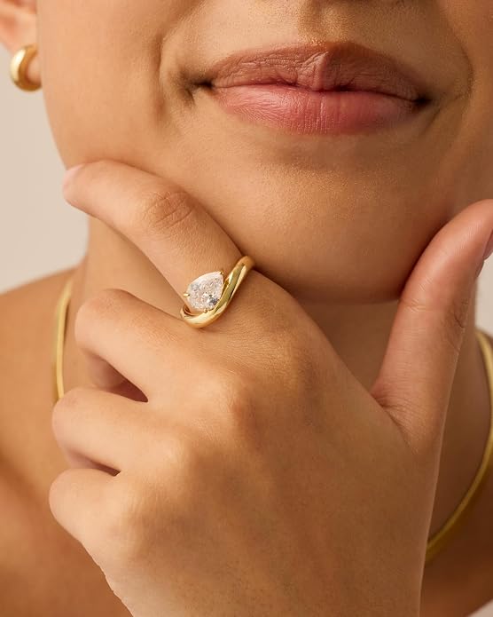 PAVOI 14K Gold Plated Wavy Engagement Ring for Women | Solitaire Cubic Zirconia Wedding Band & Promise Rings for Her | Trendy Fashion Jewelry