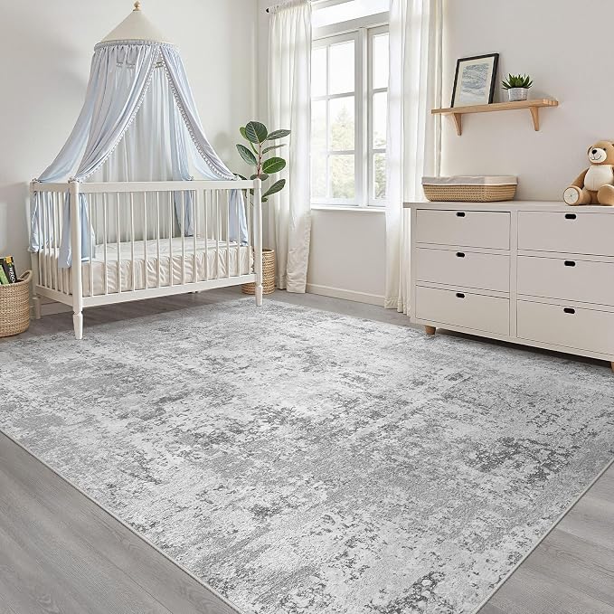 10x13 Area Rug Living Room: Washable Large Neutral Rug Abstract Soft Modern Stain Resistant Indoor Floor Non-Slip Carpet for Bedroom Nursery Kids Office Playroom Dining Room Under Table- Light Gray