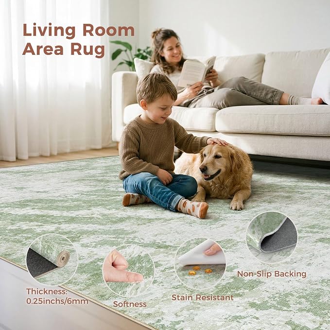 DMOYEST 8x11 Washable Area Rug: Abstract Modern Non-Slip Carpet, Soft Low Pile Indoor Neutral Easy Clean Floor Rugs for Living Room Bedroom Dining Room Kids & Pets - Green