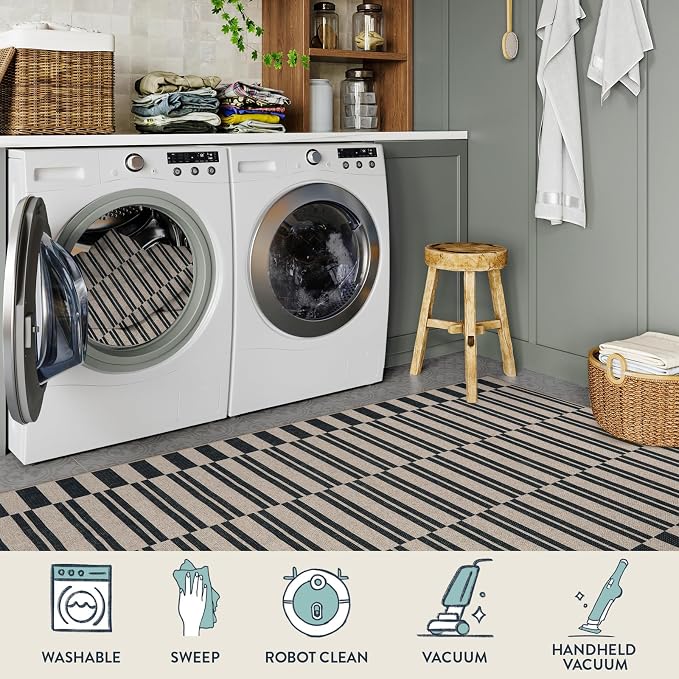 Lahome Striped Easy Jute Living Room Rug, 8x10 Outdoor Patio Rugs Washable | Black Indoor Dining Room Area Rug, Modern Farmhouse Geometric Non Slip Non Shedding Carpet for Deck Office Backyard Mudroom
