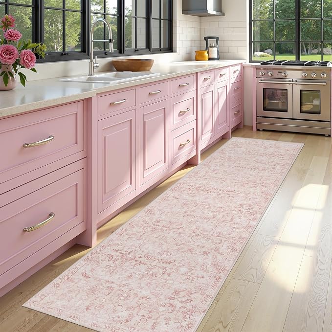 Pink 2x10 Runner Rug for Hallways Bed Side Kitchen, Boho Washable Distressed Low-Pile Floor Entryway Long Bathroom Mat, Non-Slip Laundry Room Washstand Front Carpet 24x120 Inch
