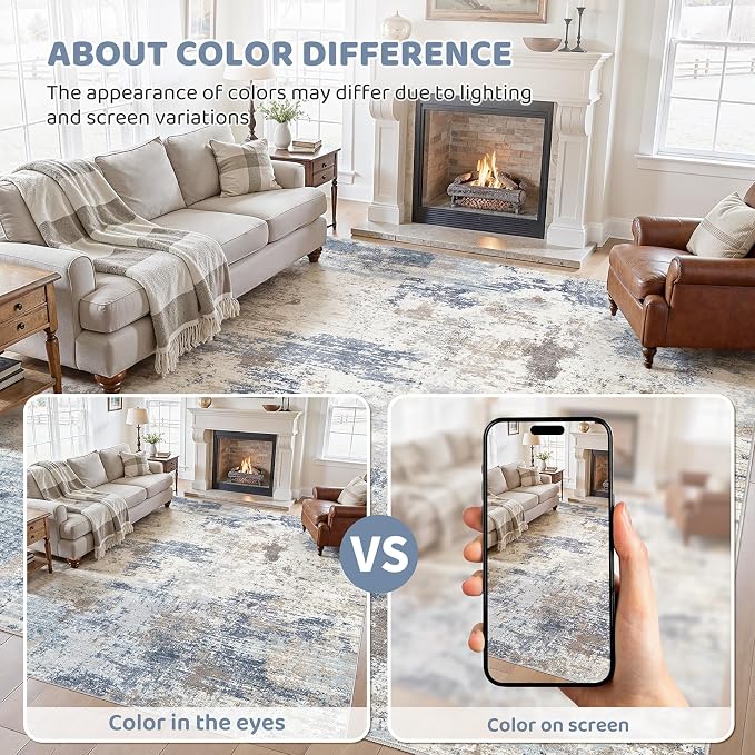 UERMEI 10x14 Area Rug Living Room Rugs - Washable Neutral Modern Abstract Soft Thin Large Rug Indoor Floor No Slip Rug Carpet for Bedroom Under Dining Table Home Office Decor - Denim Blue