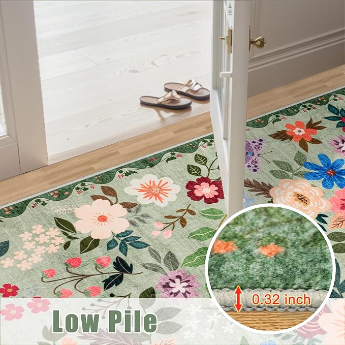 Runner Rug for Entryway: 2x6 Kitchen Rugs Non Slip Washable Ultra-Thin Soft Floral Carpet Indoor Floor Stain Resistant Carpets for Hallway Bedroom Kitchen Laundry Bathroom Dorm Green