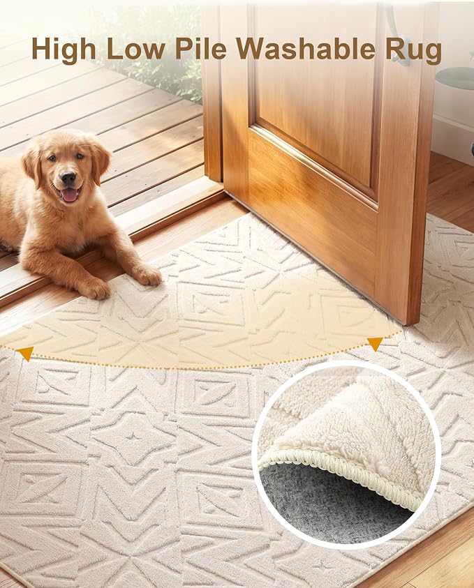 Carvapet 5x7 Area Rug - Beige Modern 3D High Low Pile Texture Floor Carpet, Washable Soft Plush Velvet Rug with Skid-Resistant Rubber Backing for Living Room Bedroom Nursery