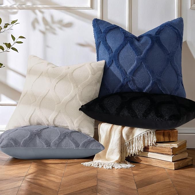 decorUhome Set of 4 Faux Fur Throw Pillow Covers 18x18(Blue/Grey) | Neutral Decorative Soft Plush Couch Pillow Covers, Farmhouse Pillow Cases for Living Room Bed Sofa