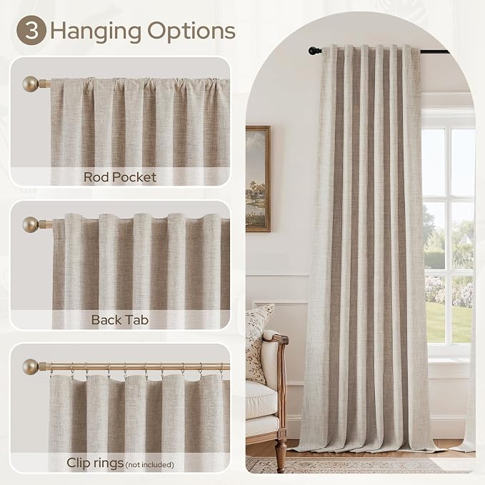 HOMEIDEAS 100% Blackout Faux Linen Curtains,Beige Modern Farmhouse Winter Boho Curtains 63 Inches Long 2 Panels, Rod Pocket & Back Tab for Vintage Living Room,Bedroom Decor