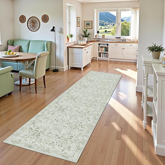Sage 2x10 Runner Rug for Hallways Bed Side Kitchen, Boho Washable Distressed Low-Pile Floor Entryway Long Bathroom Mat, Non-Slip Laundry Room Washstand Front Carpet Green 24x120 Inch