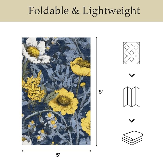 GENIMO 5x8 Outdoor Rug, Washable for Patio and Deck, Navy Yellow | Floral design for porch; fade resistant chenille with quick-dry non-slip backing for indoor sunroom