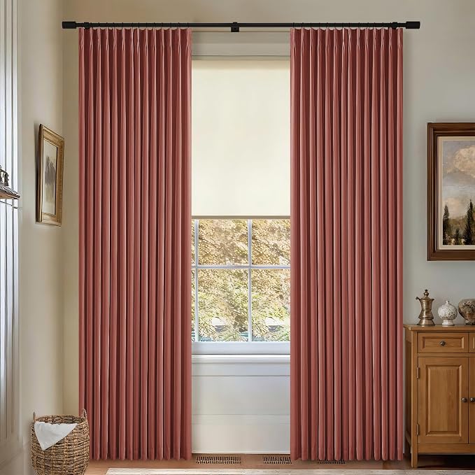 Terracotta Pinch Pleated Blackout Linen 80 Inch Window Curtains 2 Panels | 100% Black Out Room Darkening Thermal Insulated, for Living Room Bedroom, Back Tab Pinch Pleat with Hooks Rings, W40xL80