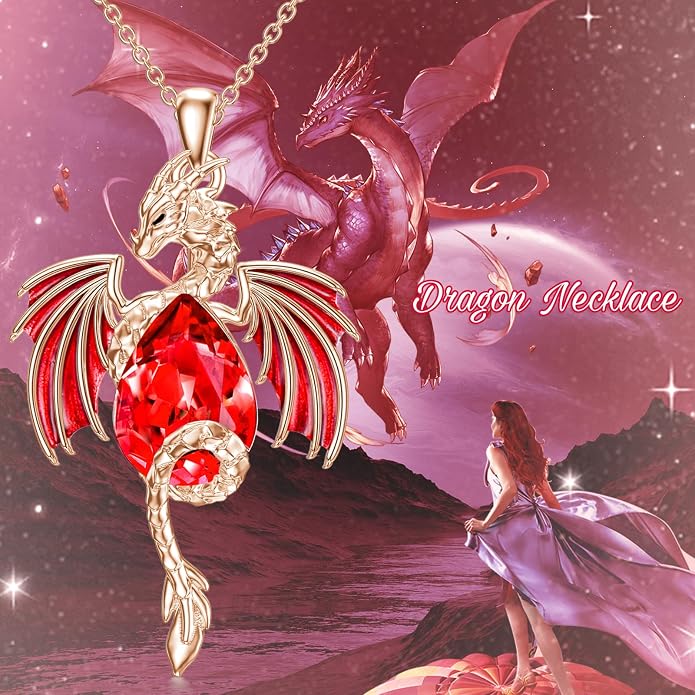 Dragon Necklace for Men Sterling Silver Birthstone Wyvern Necklace Embllished with Teardrop Shaped Crystal Jewelry for Women