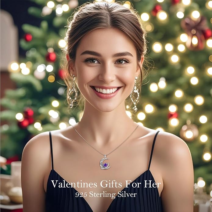 Distance I Love You to The Moon and Back Necklace for Women, S925 Sterling Silver Forever Love Heart Birthstone Necklace, Anniversary Birthday Jewelry for Wife Lover