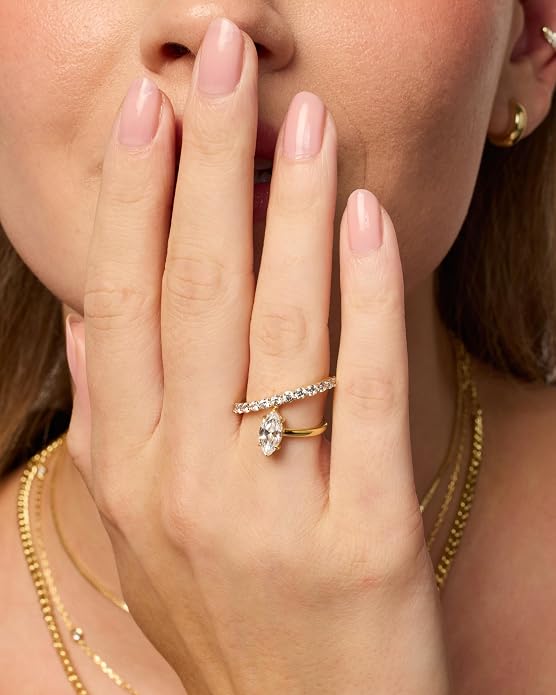 PAVOI 14K Gold Plated Wavy Engagement Ring for Women | Solitaire Cubic Zirconia Wedding Band & Promise Rings for Her | Trendy Fashion Jewelry