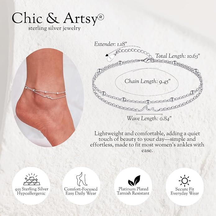 CHIC & ARTSY 925 Sterling Silver Ankle Bracelets for Women, Adjustable Layered Foot Chains with Nature & Symbol Charms, Lightweight Comfort Fit Boho Beach Everyday Jewelry