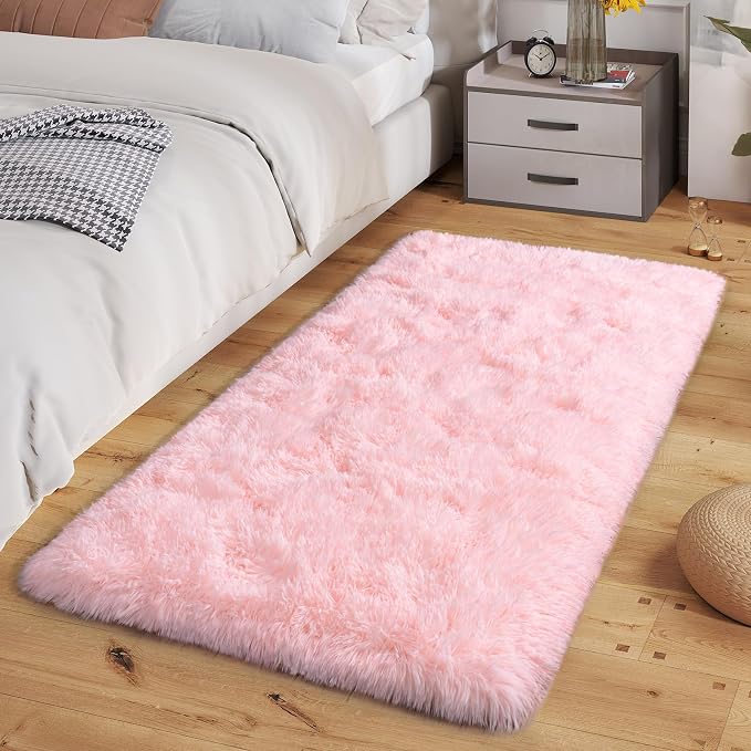 Dssimo Super Fluffy Runner Rug for Bedroom, Modern Shag Pink Area Rugs, Soft Plush Throw Carpet for Kids,Girls Boys and Teens Bedside Room Decor for Living Room Dorm Nursery Classroom, 2x4 Feet