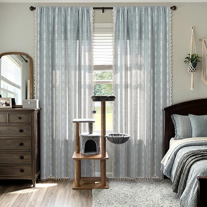 ColorBird Boho Blue Curtains Linen-Textured 84 Inches for Living Room Bedroom Light Filtering Farmhouse Curtains & Drapes Embroidered Striped Window Treatment for Nursery Closet Dining Room