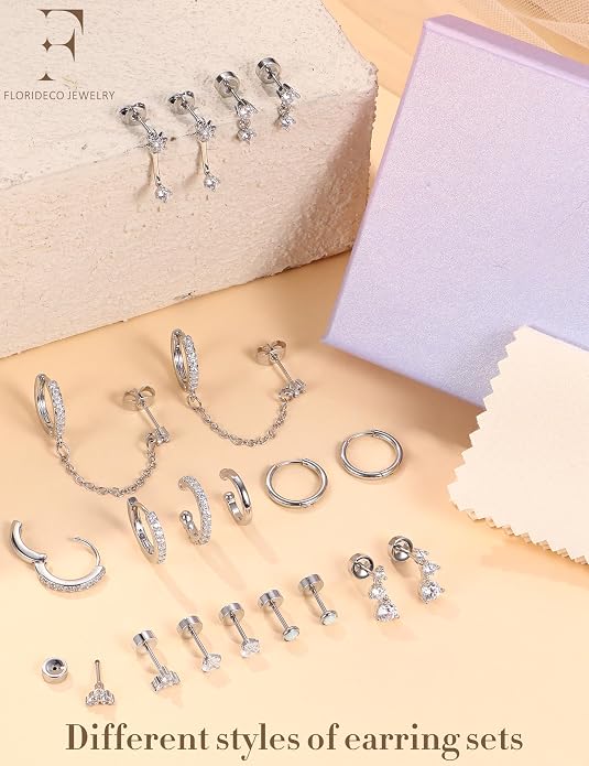 Florideco Small Stud Hoop Earrings for Women Hypoallergenic 14K Gold Plated Surgical Stainless Steel Flat Back Earrings Dainty Hoop Stud Earring Stacks Cartilage Earring Set for Multiple Piercing