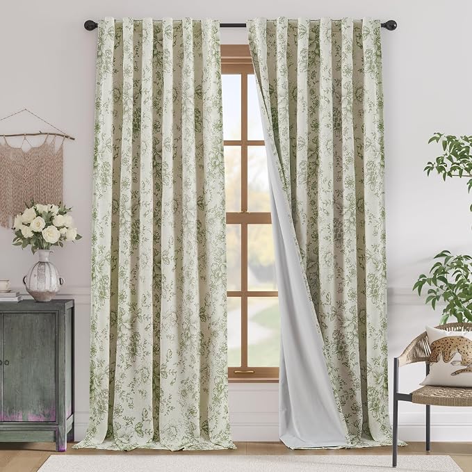 jinchan Green Floral Linen Curtains Lined 96 Inch Vintage Back Tab 2 Panels | Privacy lining, light filtering drapes, vintage, cottagecore, french country, rustic, bedroom, living room, window treatment