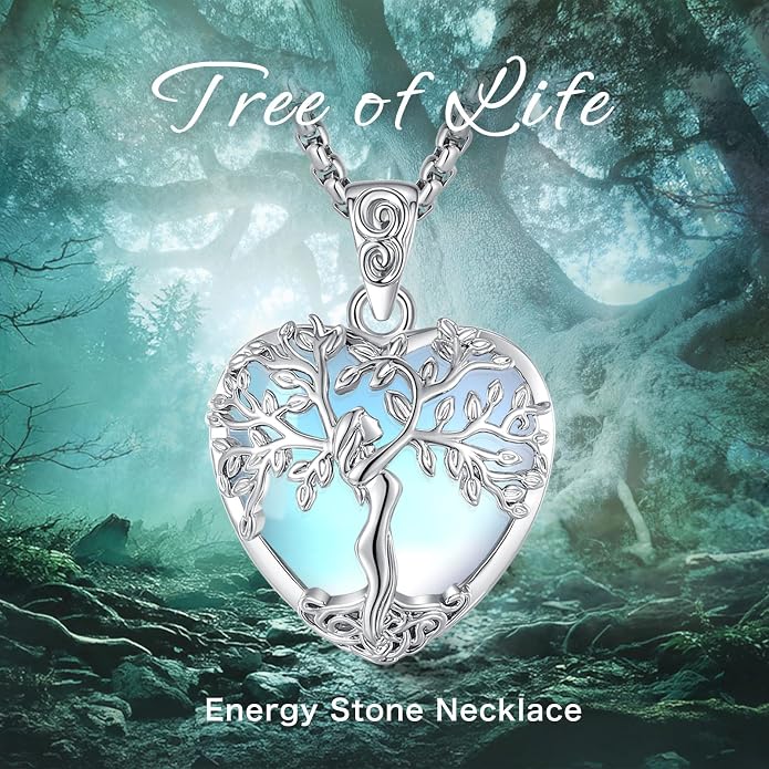 EUDORA Tree of Life Necklace with Moonstone Amethyst Obsidian Turquoise Healing Crystal for Women, Silver Plated Copper Mother Tree of Life Pendant Amulet Energy Jewelry, Gift for Women Mom, 20"+2"