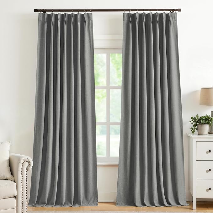 Vision Home Pinch Pleated Dark Grey Blackout Curtains 90 inch Linen Blended Room Darkening Drapes with Thermal Insulation & Back Tab Hooks for Bedroom Living Room, 40" Wx90 L 2 Panels