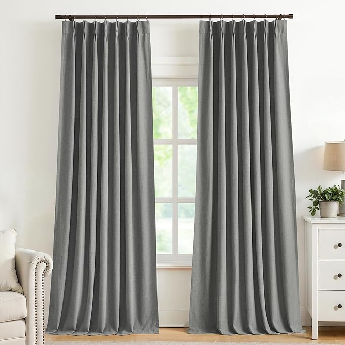 Vision Home Pinch Pleated Dark Grey Blackout Curtains 95 inch Linen Blended Room Darkening Drapes with Thermal Insulation & Back Tab Hooks for Bedroom Living Room, 40" Wx95 L 2 Panels