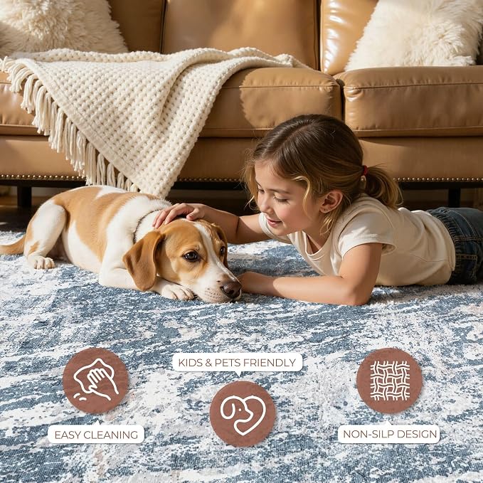 DMOYEST 6ft Round Washable Area Rug for Living Room: Modern Abstract Neutral Circle Carpet, 6x6 Soft Low Pile Non-Slip Floor Mat for Bedroom Under Dining Table, Kids & Pet - Blue