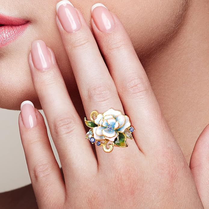 Santuzza 925 Sterling Silver Enamel Flower Statement Ring for Women