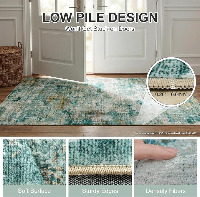 Water Resistant Area Rug Washable Pet Friendly Carpet for High Traffic Living Room Nursery Bedroom Foldable 0.26 Inch Abstract Thin Rugs with Silicone Backing, 5'x7', Sage Green