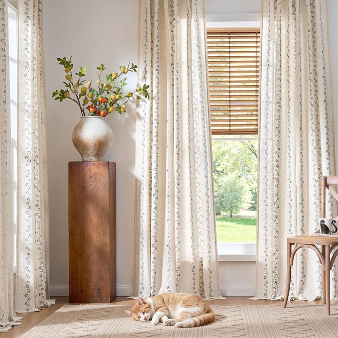 Lazzzy Cathy Linen Floral Curtains for Living Room Privacy Curtains 96 inch Length Set of 2 for Bedroom Rod Pocket Back Tab Light Filtering Drapes Farmhouse Cottage Core Decor 50"x96" Blue on Linen