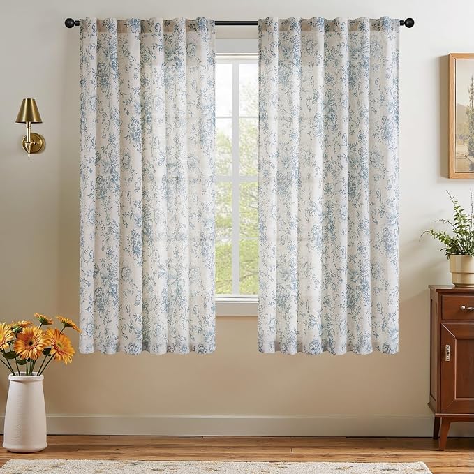 jinchan Blue Floral Linen Curtains 54 Inch Vintage Back Tab 2 Panels | Light filtering drapes, semi sheer, farmhouse, cottagecore, rustic, living room, bedroom, rod pocket, window treatment