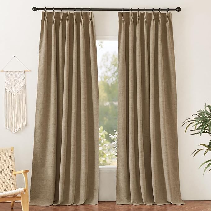 RYB HOME Pinch Pleated Back Tab Curtains Linen Textured 100% Blackout Curtains Thermal Insulated for Bedroom Living Room Bay Window Drapes, W 42 x L 90 inches, Burlap, 2 Panels