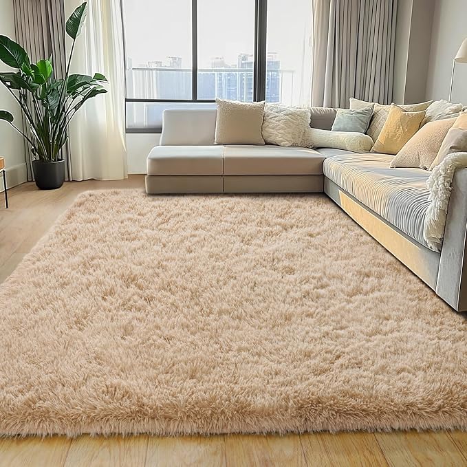 Beige Shag Rug for Bedroom, 4x5.9 Fluffy Area Rugs Living Room | Soft and Comfy, Neutral Fuzzy Bedside Carpet for Nursery and Kids Room, Girls, Boys Dorm Home Decor Aesthetic, Non Slip