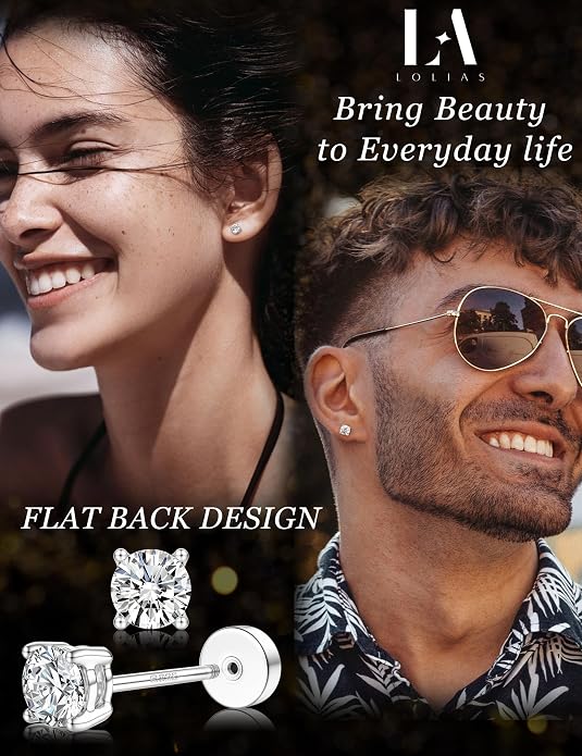 Moissanite Earrings for Men Women：Hypoallergenic Flat Back Earrings 925 Sterling Silver Stud Earring Small D Color VVS1 Moissanite 14K White Gold Plated Helix Cartilage Earring Studs Gift Jewelry