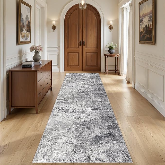 UERMEI 3x10 Washable Runner Rug for Hallway, Non Slip Low Pile Kitchen Carpet, Neutral Modern Abstract Indoor Floor Mat for Entryway Laundry, Kid & Pet Safe High Traffic Area, Grey