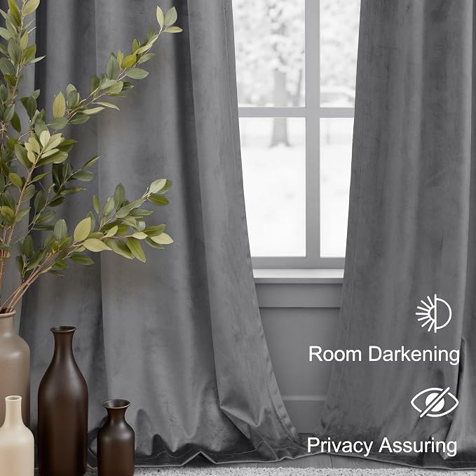 Gray Velvet Curtains 96 Inches Long Grey Thermal Insulated Thick Plush Velvet Blackout Curtains Noise Reduce Back Tab Rod Pocket Luxury Panels for Bedroom Living Room Dining 2 Panels 52x96 Inch Length