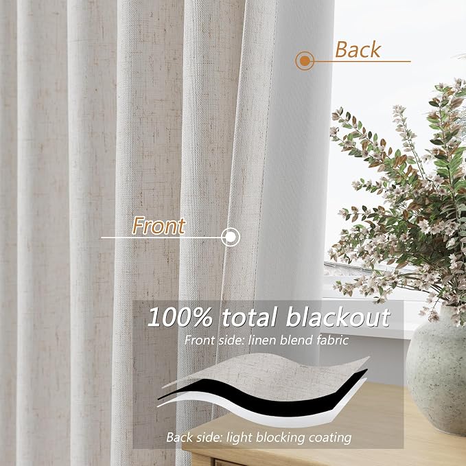 Guken Light Beige 100% Blackout Curtains 84 Inch Long 2 Panels Set for Living Room Bedroom Back Tab Room Darkening Winter Thermal Insulated Neutral Linen Drapes Window Curtain, 52x84