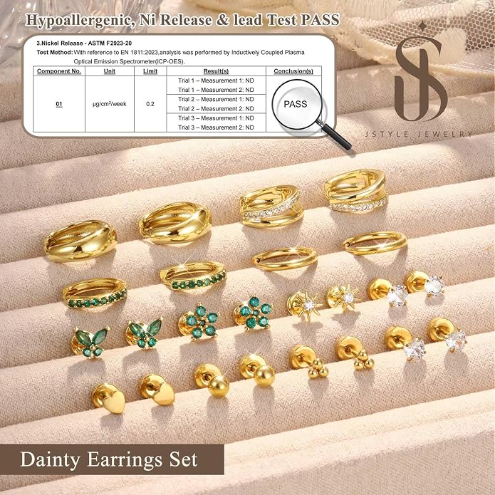 Jstyle Hypoallergenic 14K Gold Plated Stud Hoop Earrings for Women Men Surgical Stainless Steel Flat Back Earrings Small Huggie Hoops Cartilage Earring Set for Multiple Piercing Jewelry Gift for Women